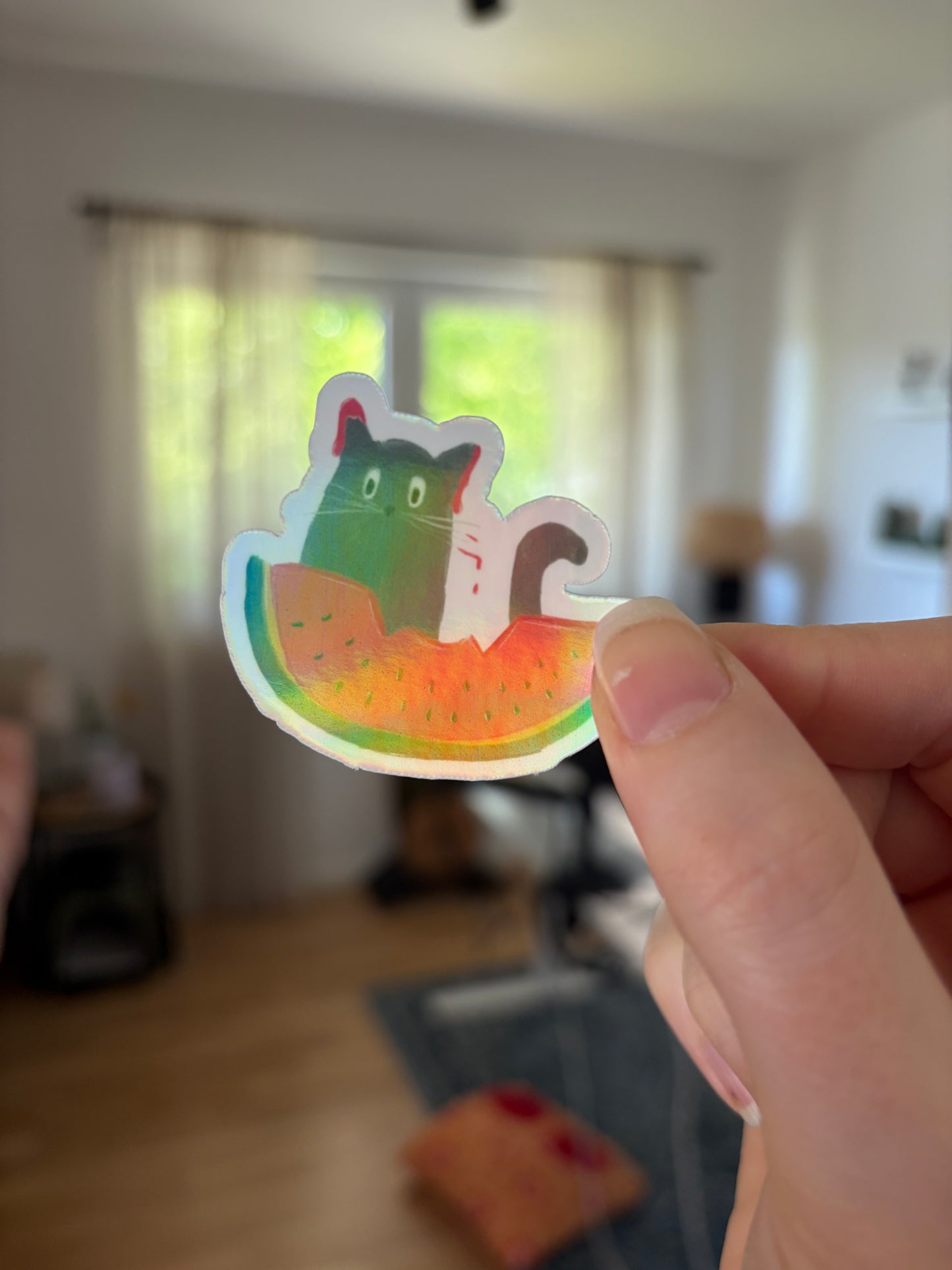 Holografischer Sticker Katze mit Wassermelone – Regenbogen Effekt – Wasserfest – Geschenk für Katzenliebhaber – Kawaii Cat Sticker Holo
