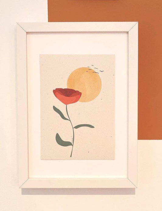 Artprint Mohnblume Poppy | DIN A4 A5 flower wall Art Poster | floral art print gift home decor | flower sunset with birds minimalistic art