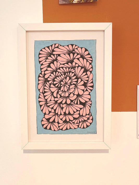 Abstrakt Flowers Druck A3/A4/A5 - Rosa Türkis Pattern Poster - Vintage Floral Wandbild - Minimalistic Dekoration Gift