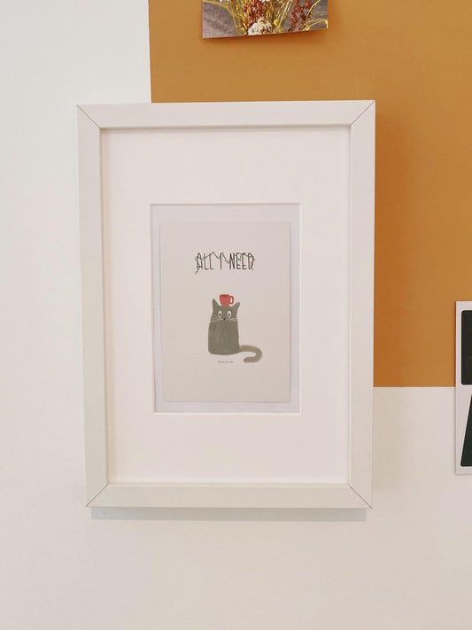 All I Need Katze Postkarte A6 | Weihnachtliche kawaii Cat mit Tasse | Minimalist Katzen Kunst | Punschliebhaber Geschenk