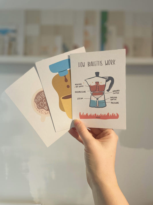 Coffee Lover Postkarten Set 3er | Bialetti Anleitung | Coffee Quote | Kawaii Kaffee Karten | Kaffee Deko | Nachhaltige Postkarten A6