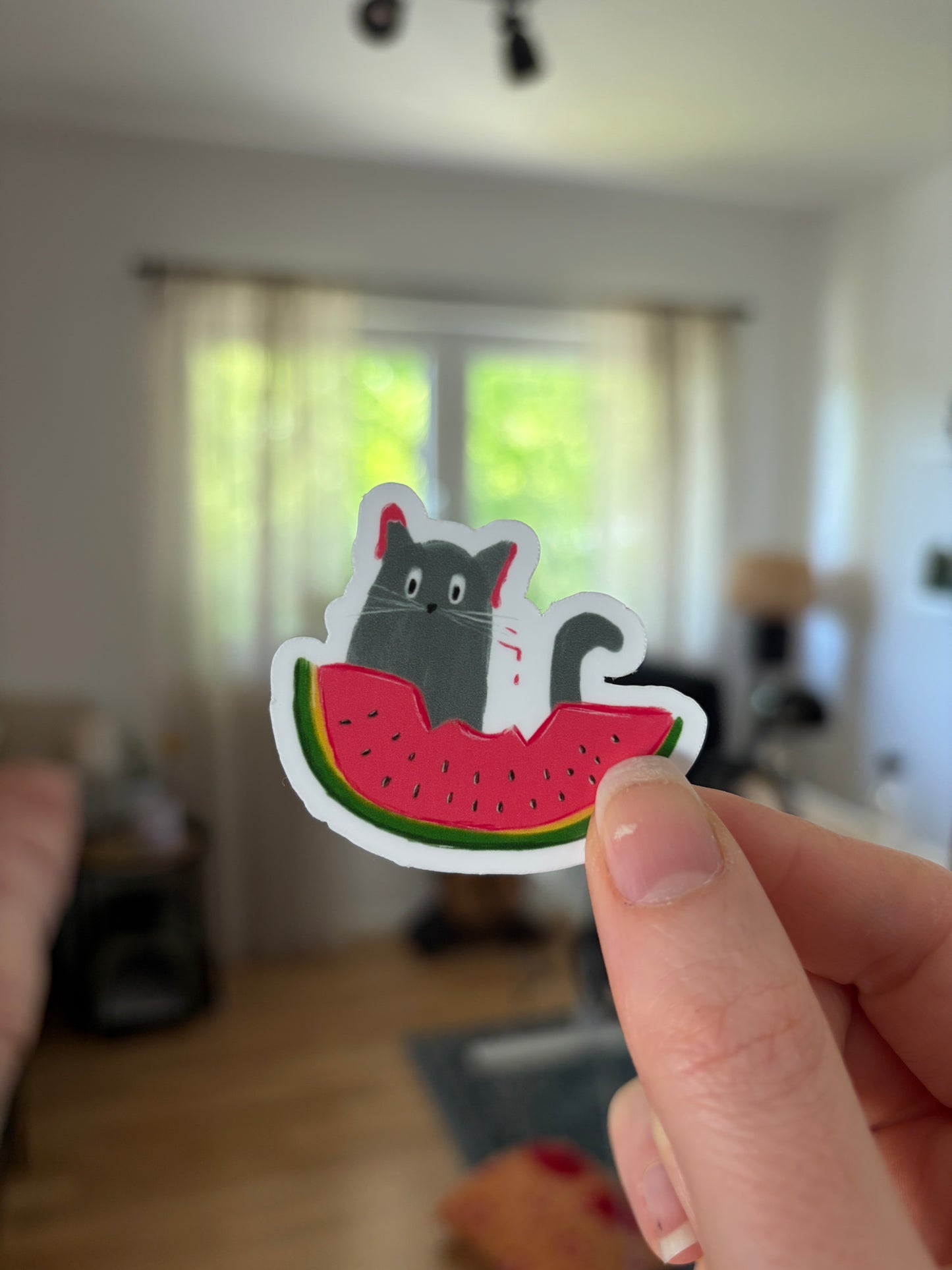 Vinyl Sticker Katze mit Wassermelone – Süßer Aufkleber für Laptop & Planer – Wasserfest – Geschenk für Katzenliebhaber – Kawaii Cat Sticker