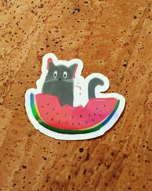Holografischer Sticker Katze mit Wassermelone – Regenbogen Effekt – Wasserfest – Geschenk für Katzenliebhaber – Kawaii Cat Sticker Holo