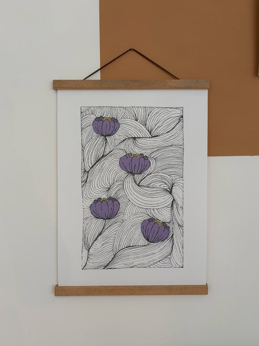 Botanischer Druck A3/A4/A5 - Lila Blüten Vintage Line Art Geschenk - Organisches Blumen Wandbild - minimalistic home decor Poster