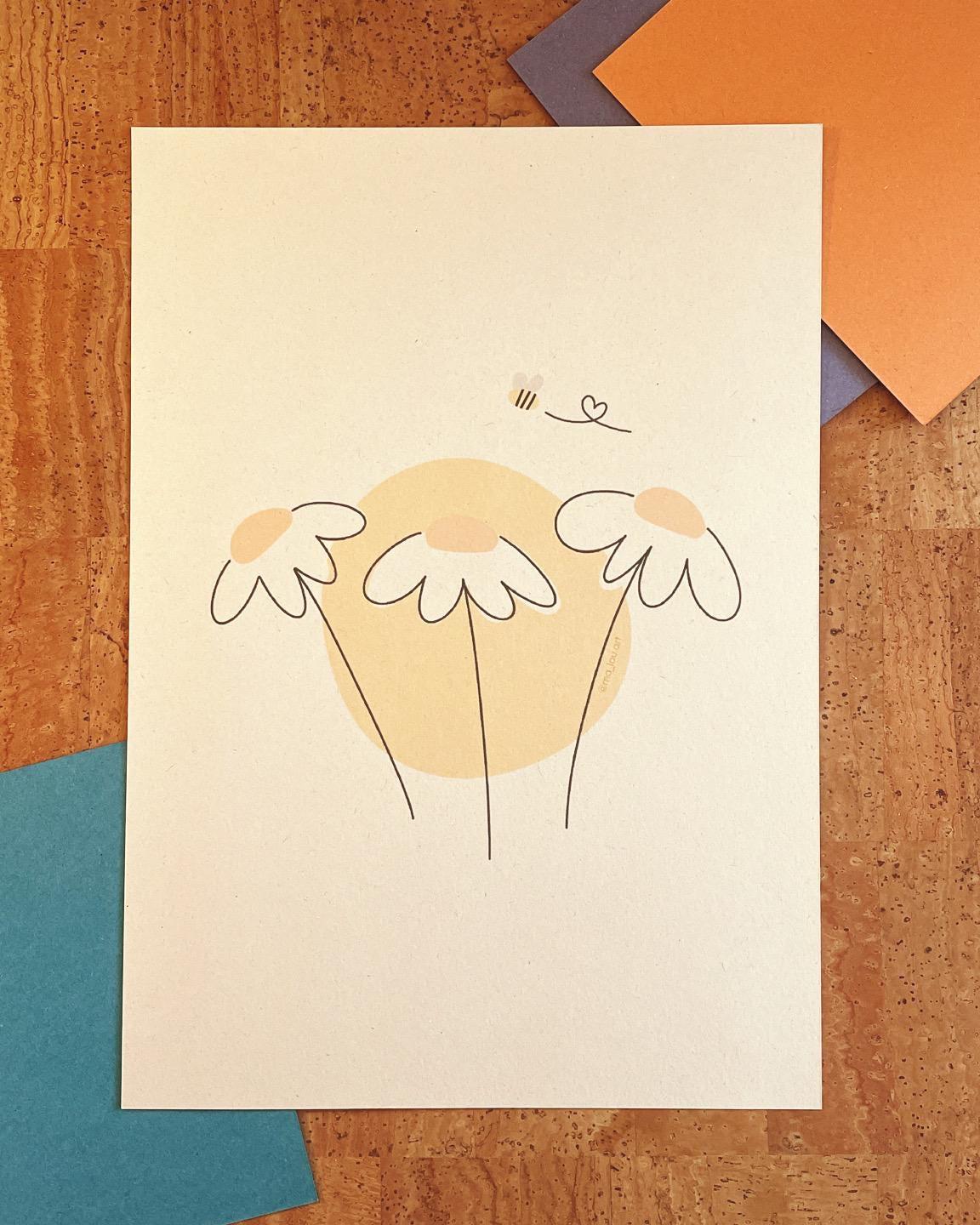 Süße Blumen Biene Kunstdruck A4/A5 - Minimalistisches Gänseblümchen Poster nachhaltig - Spring Vibes Wandbild - Niedliche Natur Art