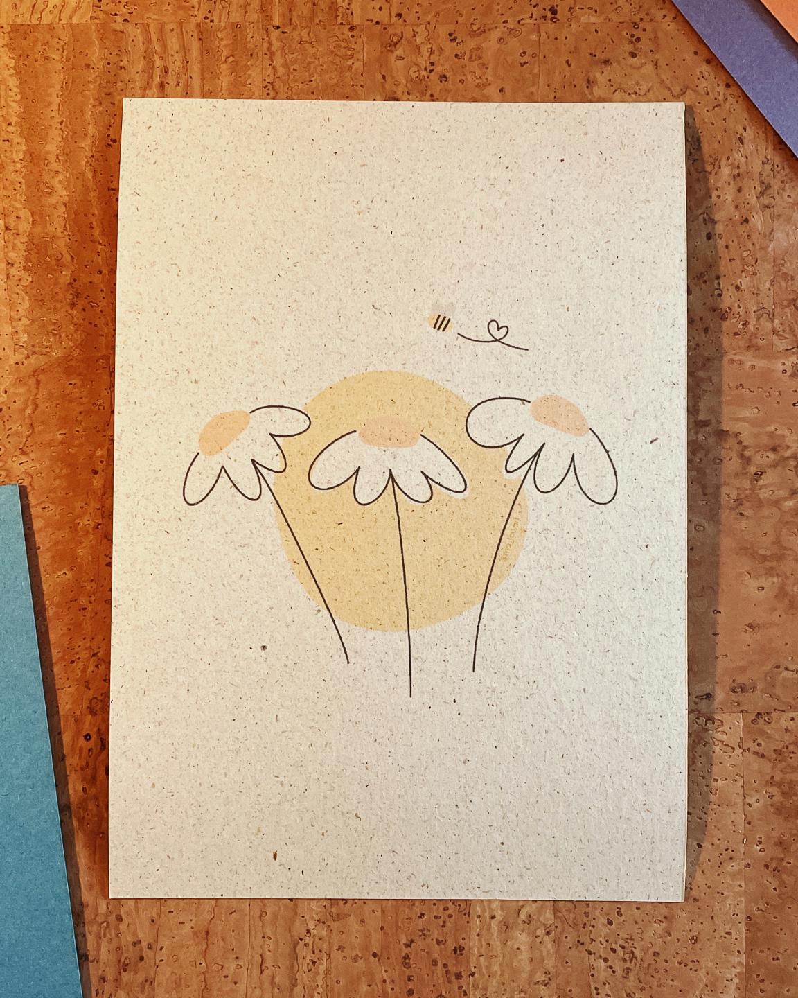 Süße Blumen Biene Kunstdruck A4/A5 - Minimalistisches Gänseblümchen Poster nachhaltig - Spring Vibes Wandbild - Niedliche Natur Art