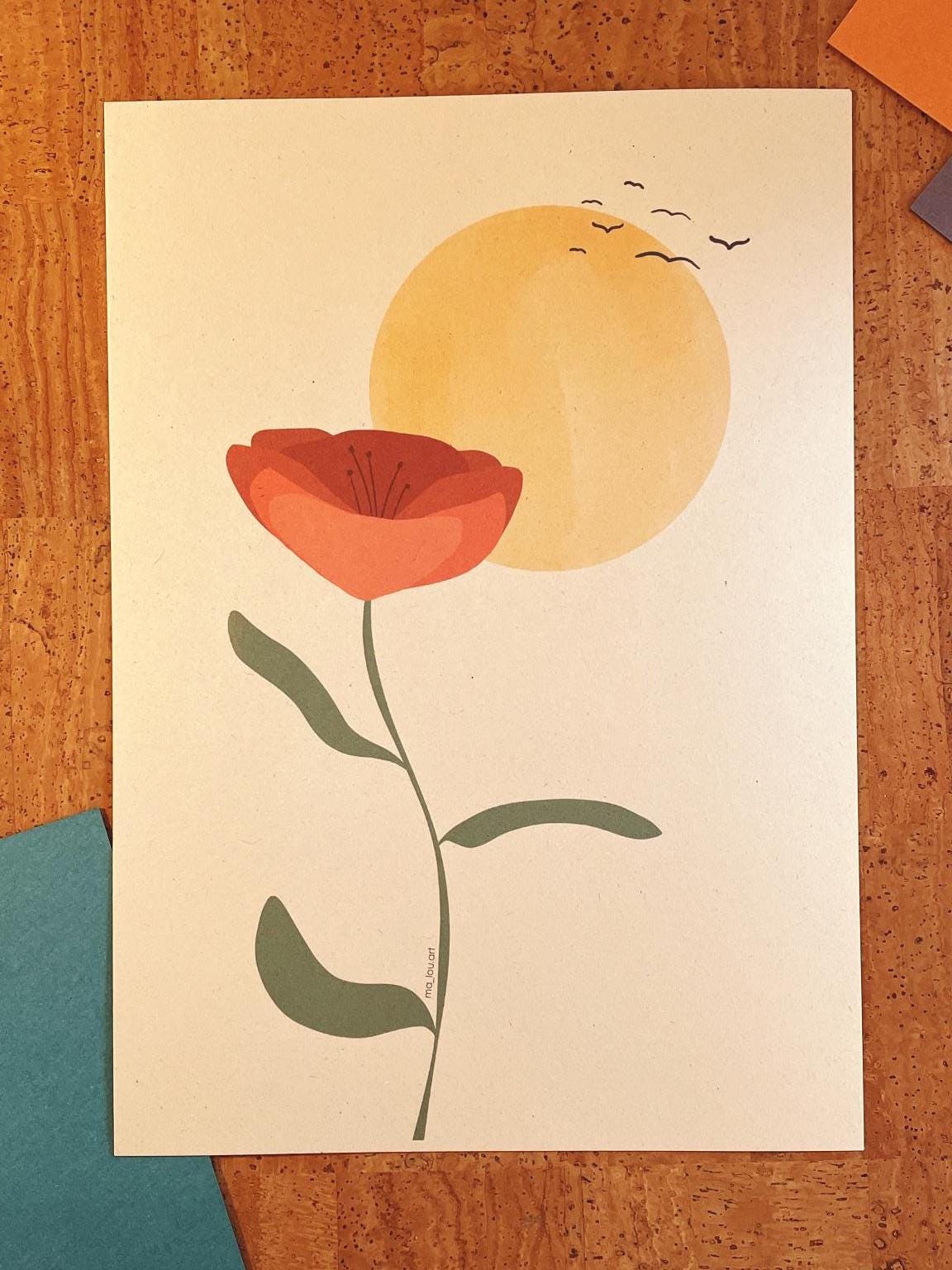 Artprint Mohnblume Poppy | DIN A4 A5 flower wall Art Poster | floral art print gift home decor  | flower sunset with birds minimalistic art