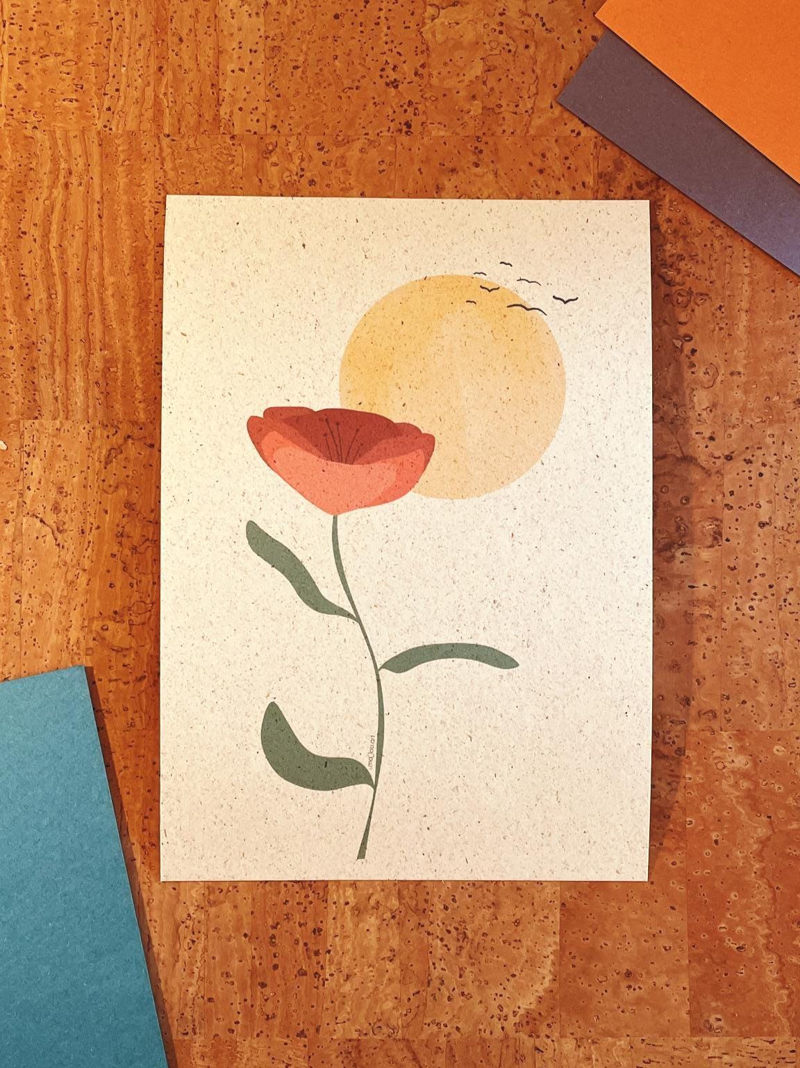 Artprint Mohnblume Poppy | DIN A4 A5 flower wall Art Poster | floral art print gift home decor  | flower sunset with birds minimalistic art