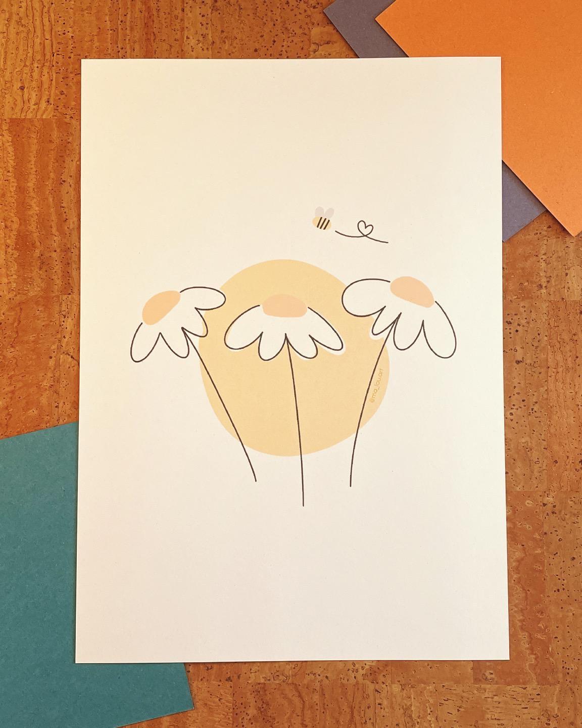 Süße Blumen Biene Kunstdruck A4/A5 - Minimalistisches Gänseblümchen Poster nachhaltig - Spring Vibes Wandbild - Niedliche Natur Art