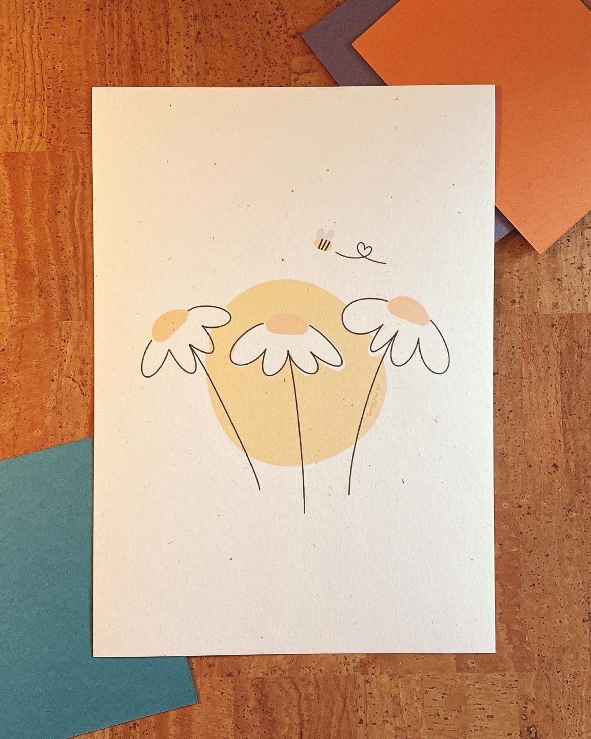 Süße Blumen Biene Kunstdruck A4/A5 - Minimalistisches Gänseblümchen Poster nachhaltig - Spring Vibes Wandbild - Niedliche Natur Art
