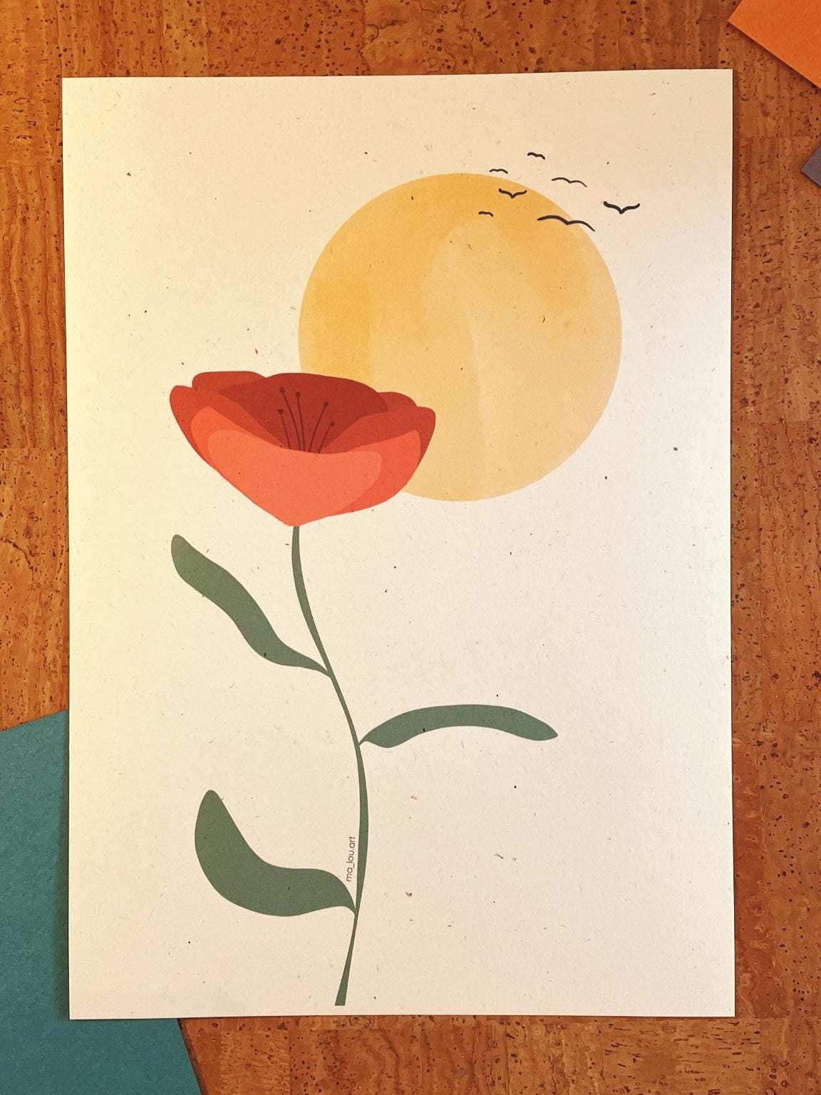 Artprint Mohnblume Poppy | DIN A4 A5 flower wall Art Poster | floral art print gift home decor  | flower sunset with birds minimalistic art