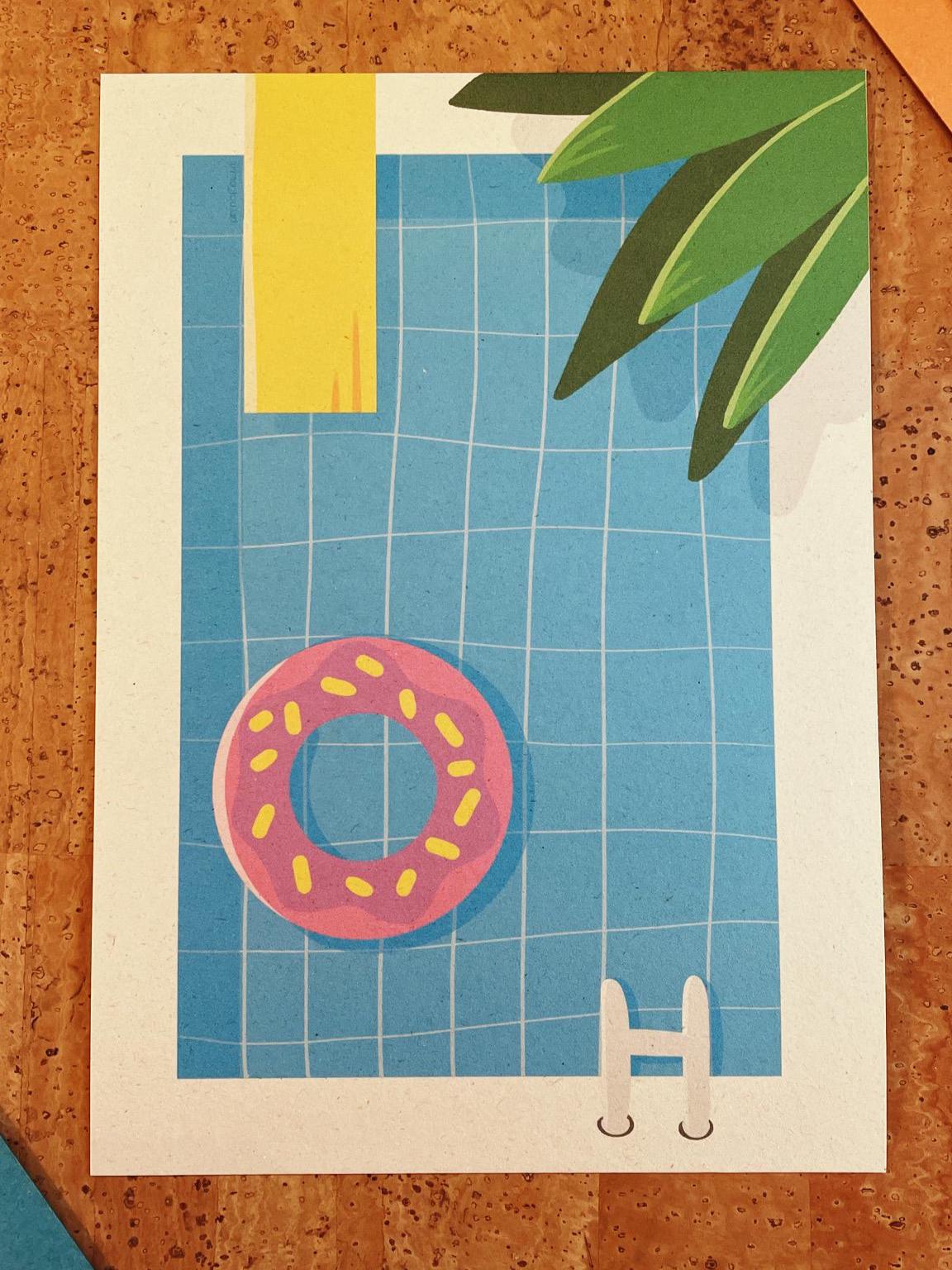 Sommer Pool Artprint A3/A4/A5 - Minimalistisches Pool Poster nachhaltig - Retro Summer Vibes Wandbild - Donut Schwimmring Art Print