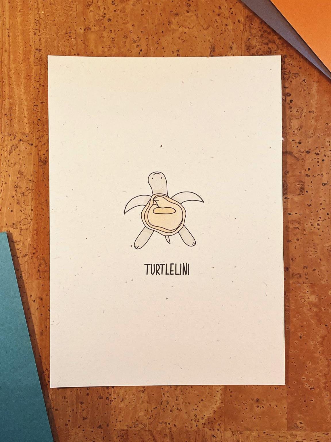 Turtlelini Artprint A4/A5 - Süße Schildkröte Humor Poster nachhaltig - Minimalistisches Tier Wandbild - Pasta Liebhaber Geschenk - Wall Art
