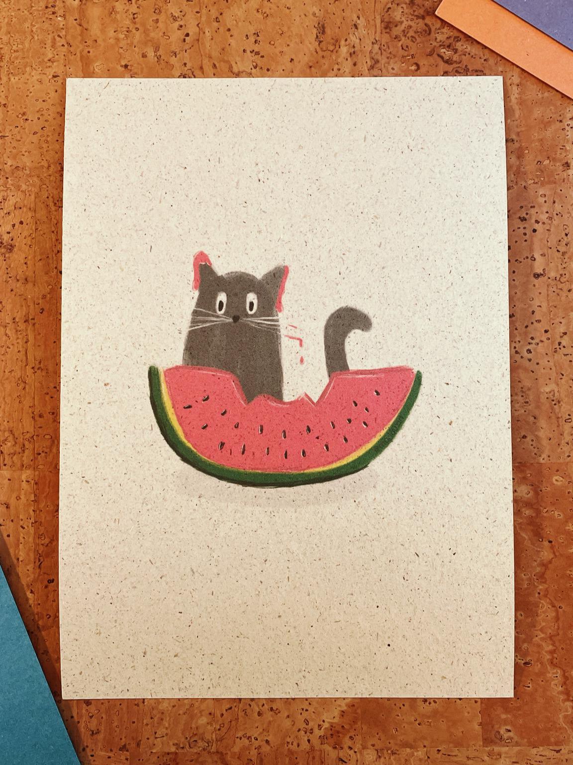 Süße Katze mit Wassermelone Artprint A4/A5 | Kawaii Poster | Katzen Wanddeko | Minimalist Art | Kinderzimmer Deko | Cat Watermelon Print