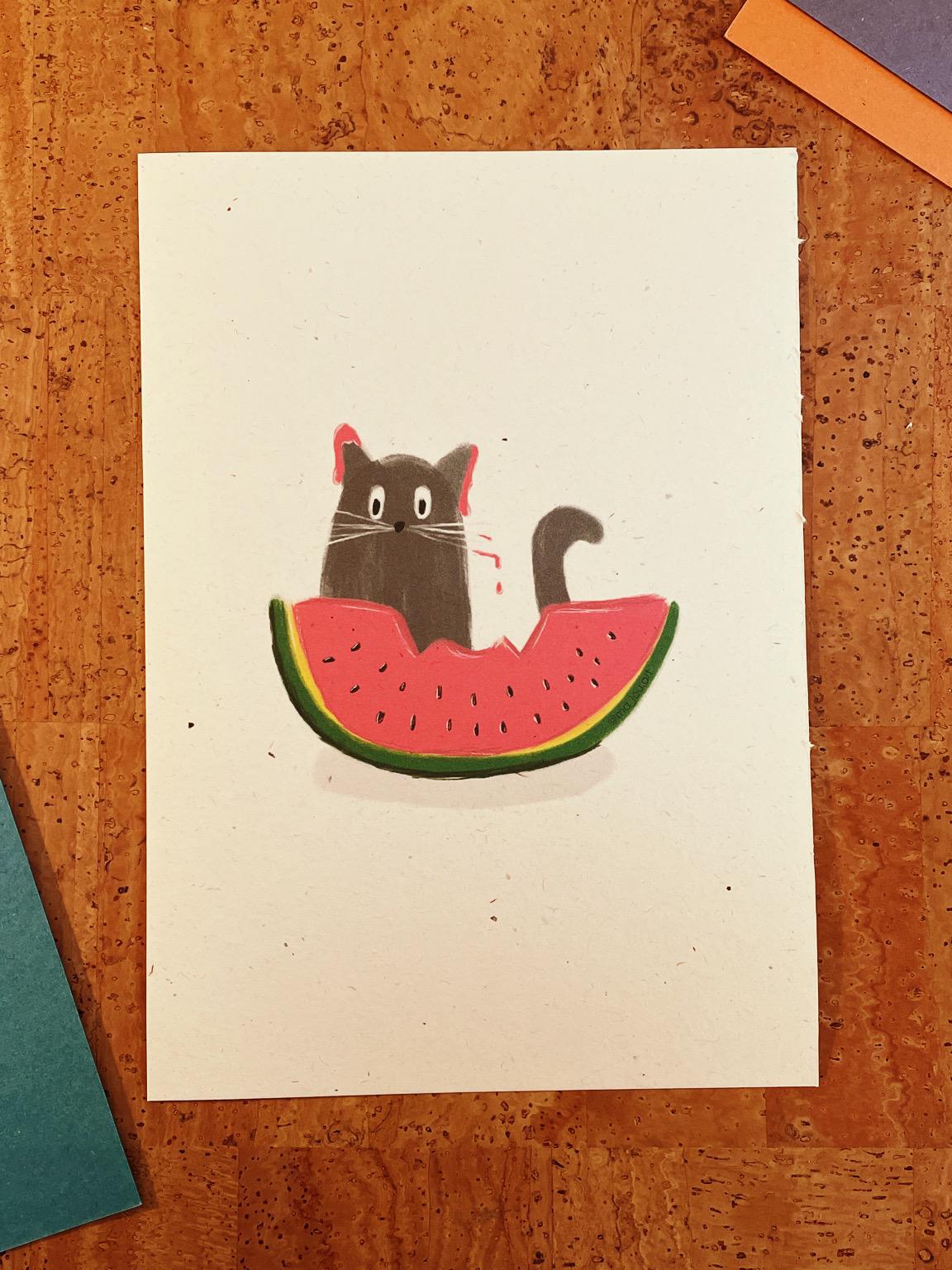 Süße Katze mit Wassermelone Artprint A4/A5 | Kawaii Poster | Katzen Wanddeko | Minimalist Art | Kinderzimmer Deko | Cat Watermelon Print