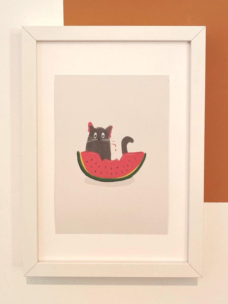 Süße Katze mit Wassermelone Artprint A4/A5 | Kawaii Poster | Katzen Wanddeko | Minimalist Art | Kinderzimmer Deko | Cat Watermelon Print