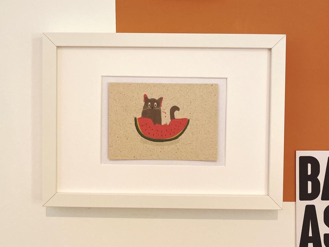 Katze Wassermelone Postkarte A6 - Niedliches Kätzchen Grußkarte nachhaltig - Sommer Tier Karte - Cute Cat Watermelon Postcard