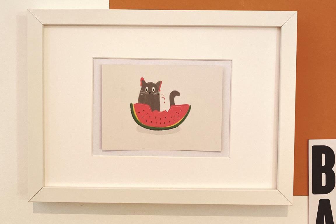 Katze Wassermelone Postkarte A6 - Niedliches Kätzchen Grußkarte nachhaltig - Sommer Tier Karte - Cute Cat Watermelon Postcard