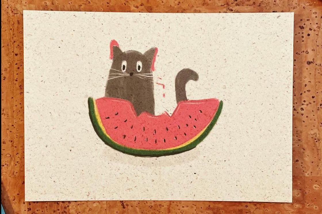 Katze Wassermelone Postkarte A6 - Niedliches Kätzchen Grußkarte nachhaltig - Sommer Tier Karte - Cute Cat Watermelon Postcard
