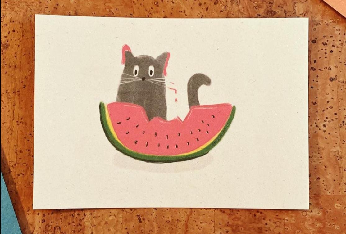 Katze Wassermelone Postkarte A6 - Niedliches Kätzchen Grußkarte nachhaltig - Sommer Tier Karte - Cute Cat Watermelon Postcard