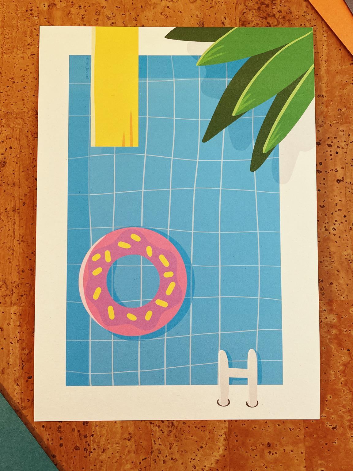 Sommer Pool Artprint A3/A4/A5 - Minimalistisches Pool Poster nachhaltig - Retro Summer Vibes Wandbild - Donut Schwimmring Art Print