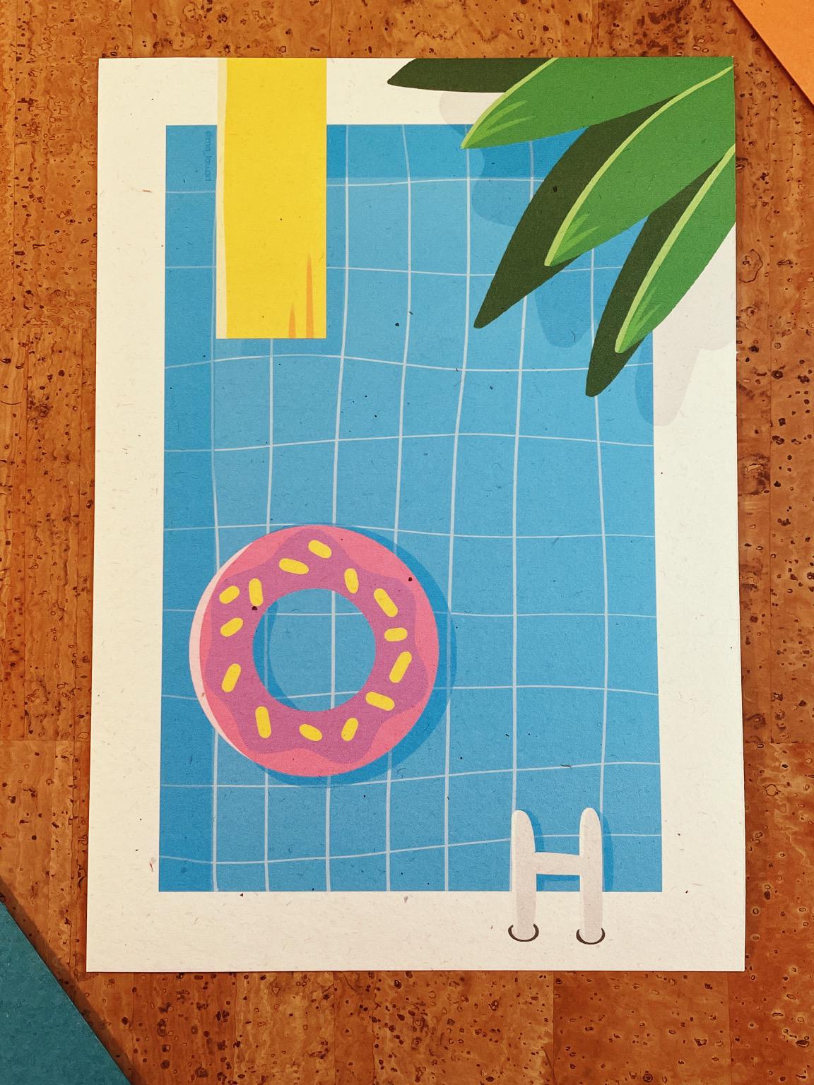 Sommer Pool Artprint A3/A4/A5 - Minimalistisches Pool Poster nachhaltig - Retro Summer Vibes Wandbild - Donut Schwimmring Art Print