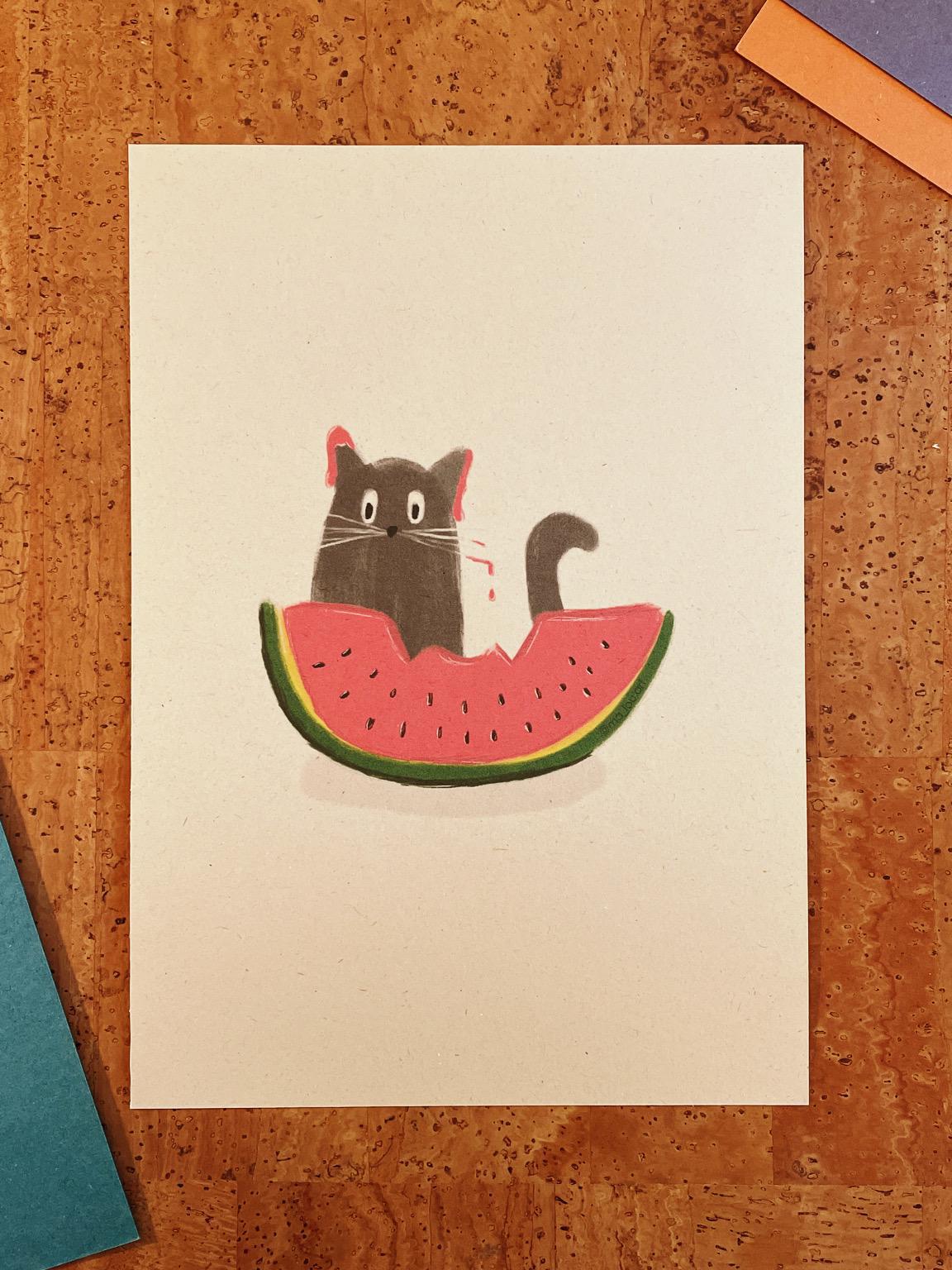 Süße Katze mit Wassermelone Artprint A4/A5 | Kawaii Poster | Katzen Wanddeko | Minimalist Art | Kinderzimmer Deko | Cat Watermelon Print