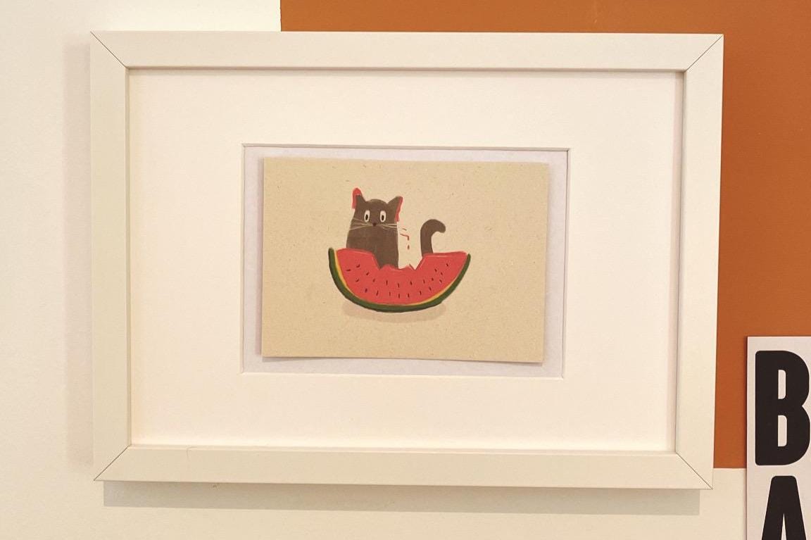 Katze Wassermelone Postkarte A6 - Niedliches Kätzchen Grußkarte nachhaltig - Sommer Tier Karte - Cute Cat Watermelon Postcard