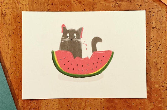 Katze Wassermelone Postkarte A6 - Niedliches Kätzchen Grußkarte nachhaltig - Sommer Tier Karte - Cute Cat Watermelon Postcard