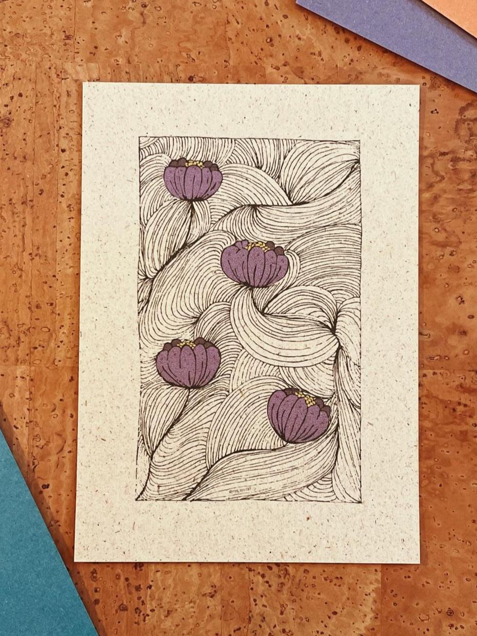 Botanische Postkarte A6 - Lila Blüten Line Art vintage lover gift - Organisches Blumen Design Grußkarte - Art Nouveau Stil Karte