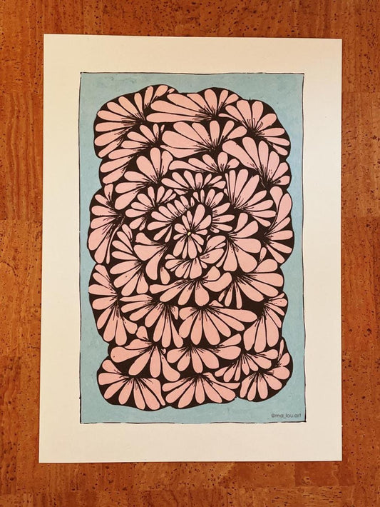 Abstrakt Flowers Druck A4/A5 - Rosa Türkis Pattern Poster - Vintage Floral Wandbild - Minimalistic Dekoration Gift