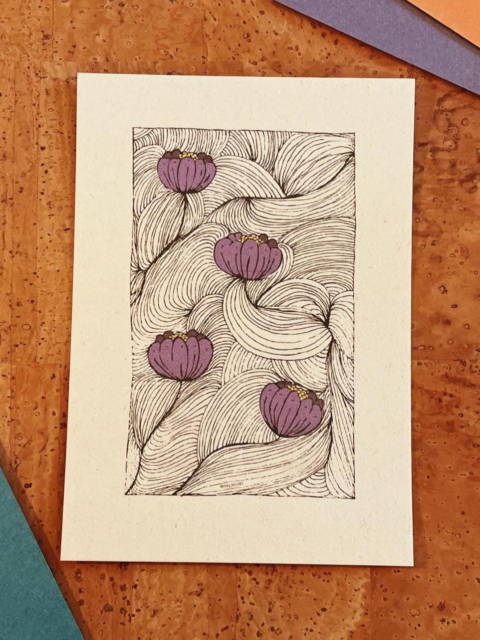 Botanische Postkarte A6 - Lila Blüten Line Art vintage lover gift - Organisches Blumen Design Grußkarte - Art Nouveau Stil Karte