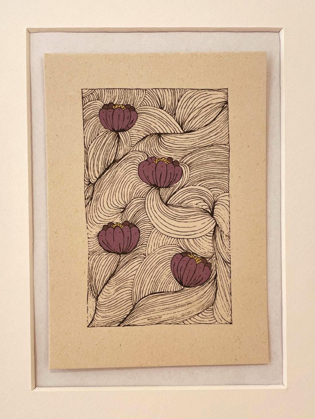 Botanische Postkarte A6 - Lila Blüten Line Art vintage lover gift - Organisches Blumen Design Grußkarte - Art Nouveau Stil Karte