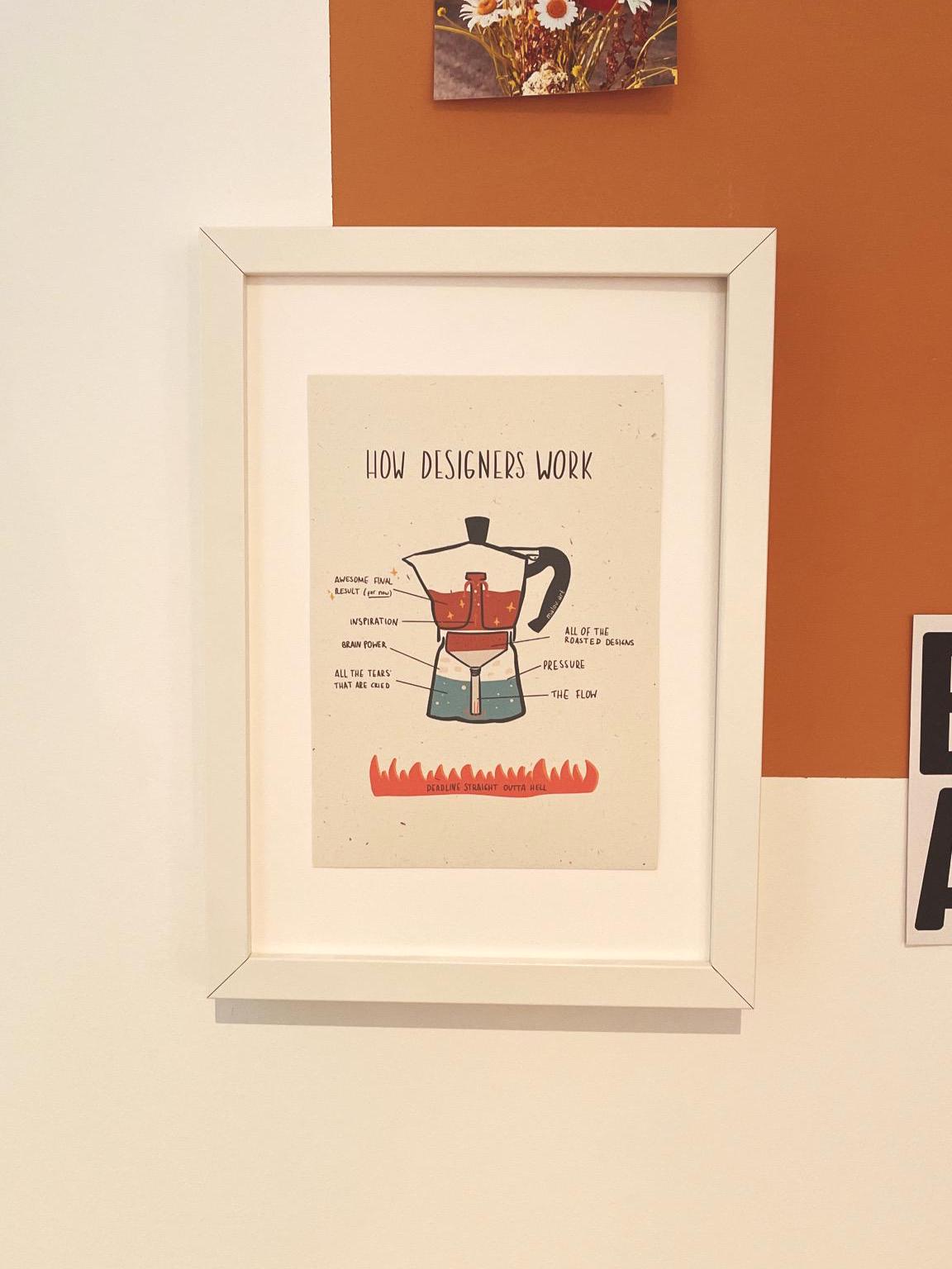 Persobalisierbarer Art Print A4/A5 - Kaffee Motivation Poster nachhaltig - Büro Dekoration Geschenk - How Designers Work Wandbild