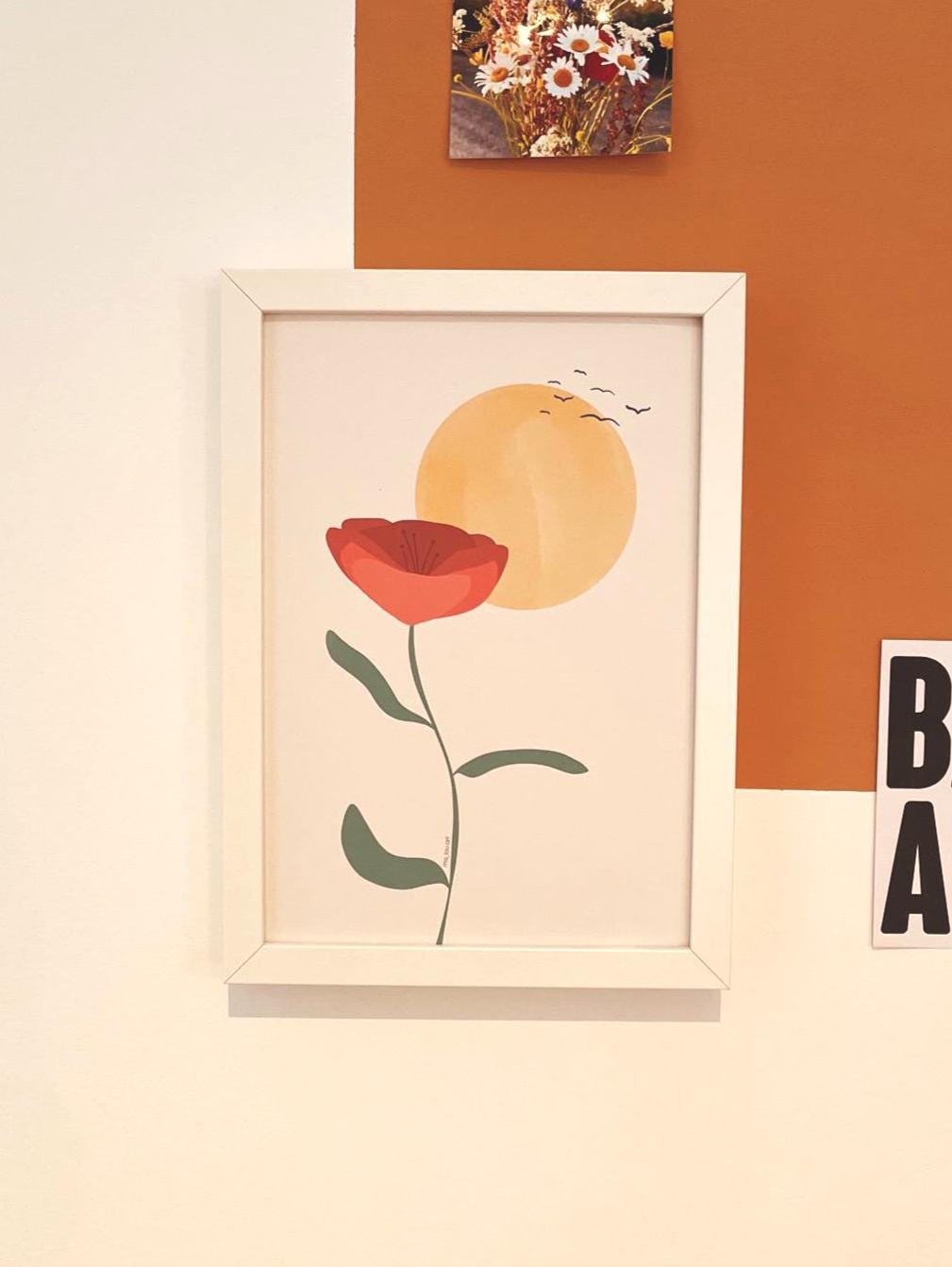 Artprint Mohnblume Poppy | DIN A4 A5 flower wall Art Poster | floral art print gift home decor  | flower sunset with birds minimalistic art