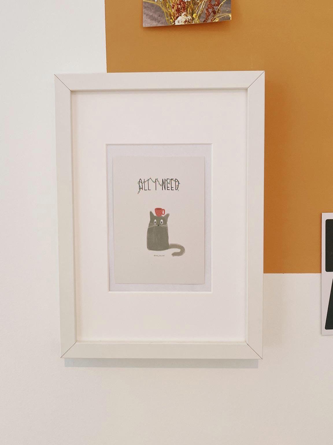 All I Need Katze Postkarte A6 | Weihnachtliche kawaii Cat mit Tasse | Minimalist Katzen Kunst | Punschliebhaber Geschenk