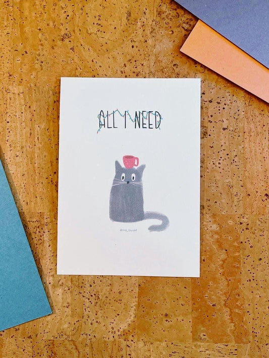 All I Need Katze Postkarte A6 | Weihnachtliche kawaii Cat mit Tasse | Minimalist Katzen Kunst | Punschliebhaber Geschenk