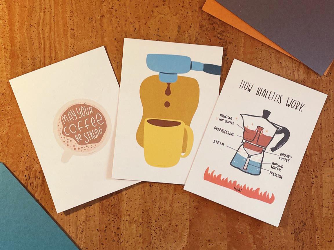 Coffee Lover Postkarten Set 3er | Bialetti Anleitung | Coffee Quote | Kawaii Kaffee Karten | Kaffee Deko | Nachhaltige Postkarten A6