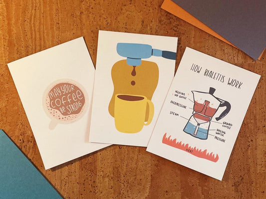 Coffee Lover Postkarten Set 3er | Bialetti Anleitung | Coffee Quote | Kawaii Kaffee Karten | Kaffee Deko | Nachhaltige Postkarten A6