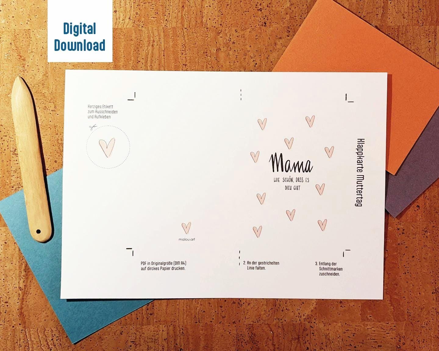 Muttertagskarte Digital zum Ausdrucken – Last Minute Geschenk Mama – Klappkarte PDF Download – „Wie schön dass es dich gibt“ – DIY Karte