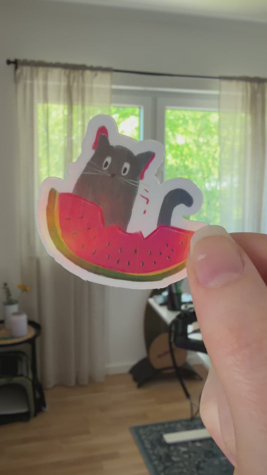 Holografischer Sticker Katze mit Wassermelone – Regenbogen Effekt – Wasserfest – Geschenk für Katzenliebhaber – Kawaii Cat Sticker Holo